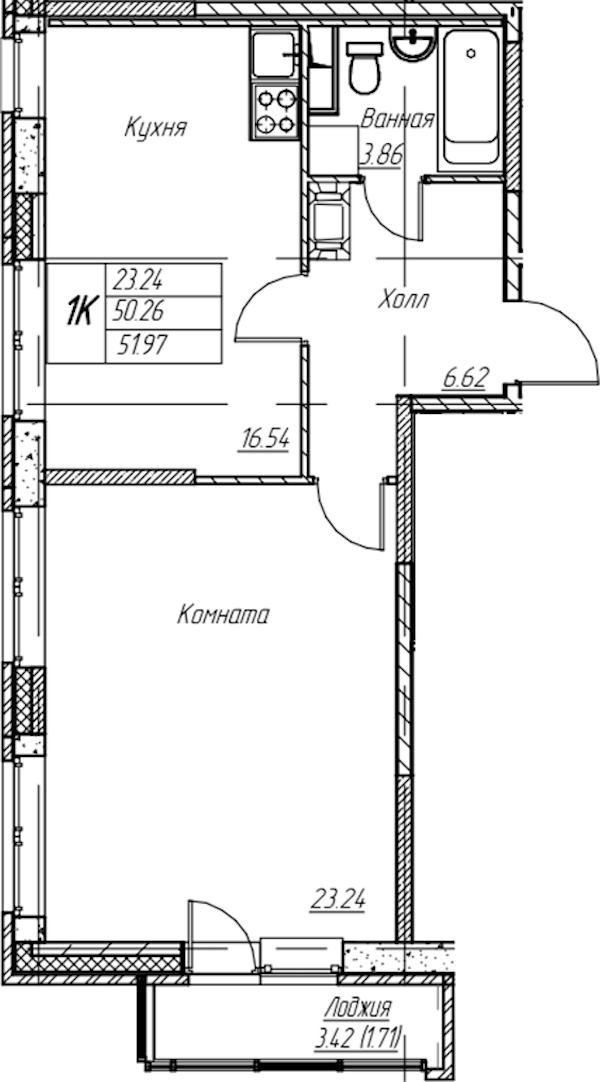 1-комнатная квартира 51.97 м², 7/22 эт., ЖК «Парк-квартал Юнтолово»